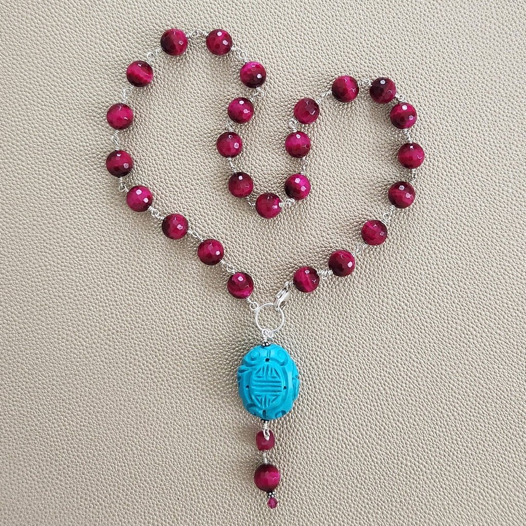 Hot Pink Tigers Eye Necklace W/ Carved Bead--18